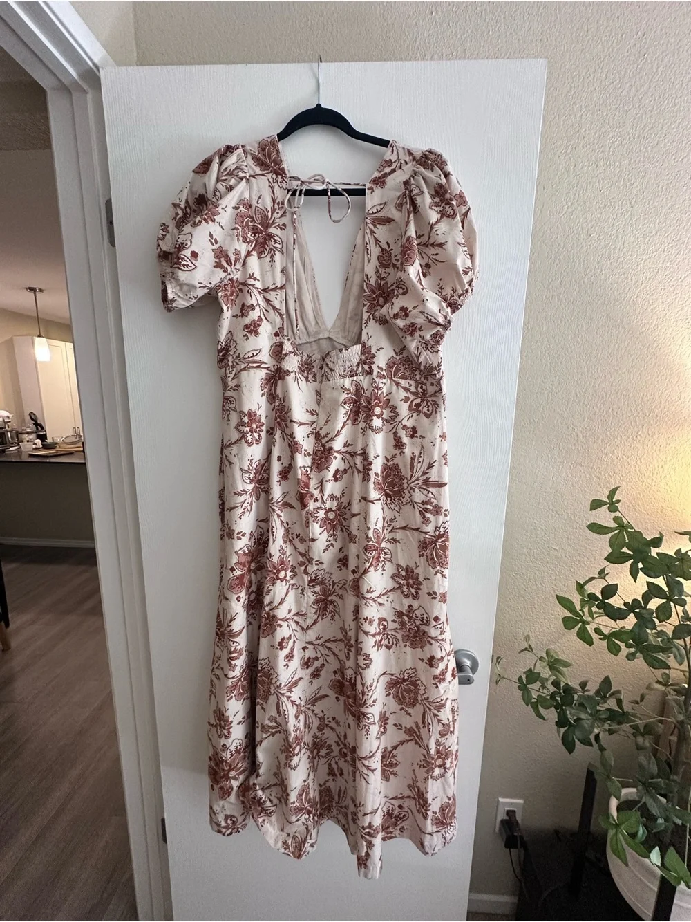Abercrombie Puff Sleeve Slim Poplin Dress Floral Brown